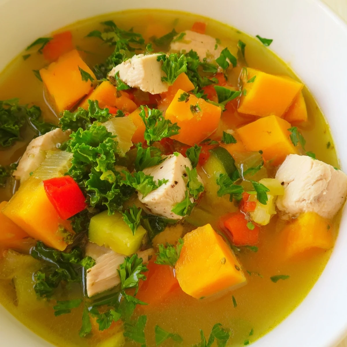A close up shows a rustic bowl of Cozy Evening Paleo Soup with fresh parsley garnish.