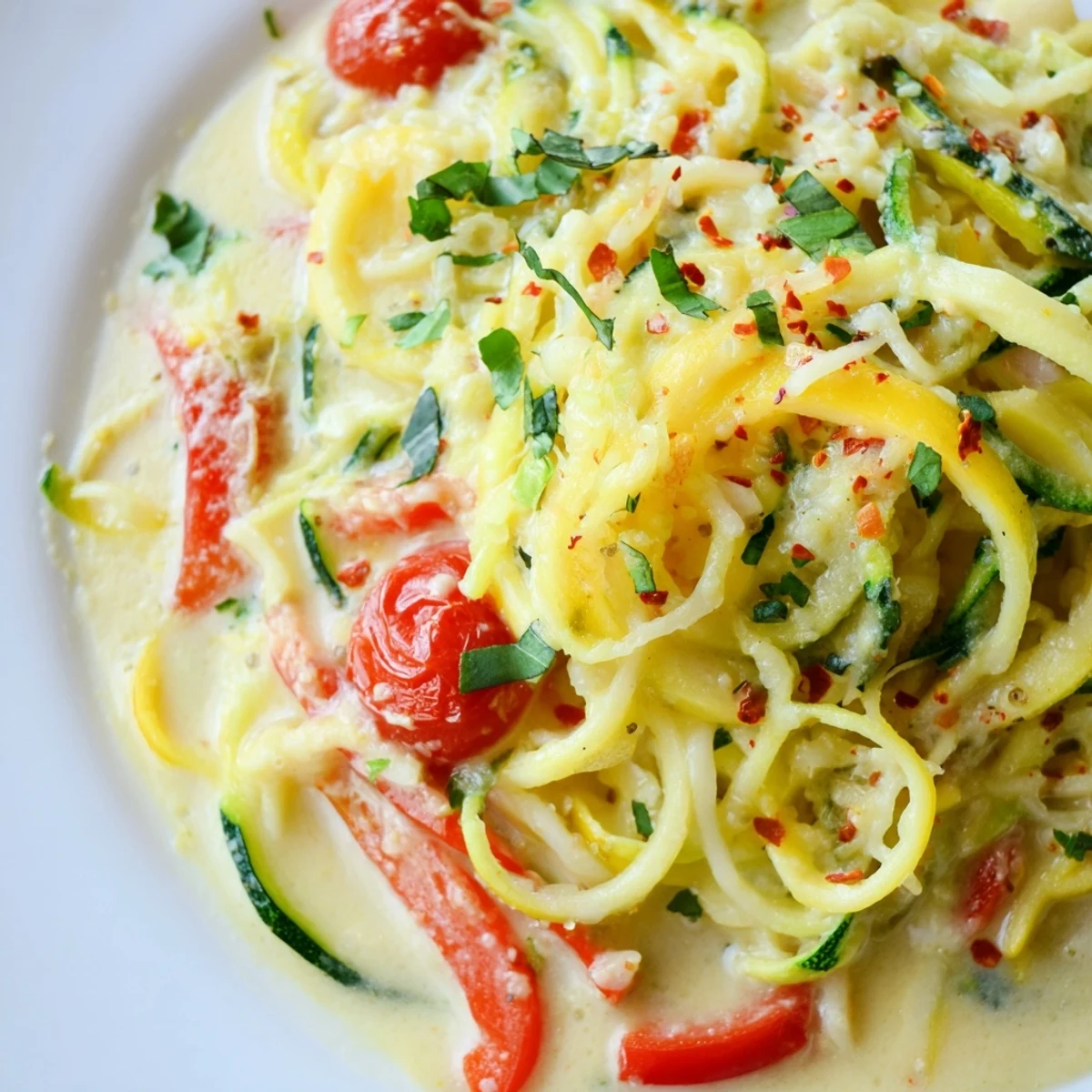 Golden zucchini and yellow squash noodles mingle with red bell peppers and cherry tomatoes in a creamy herbed sauce in Solstice Low Carb Pasta.