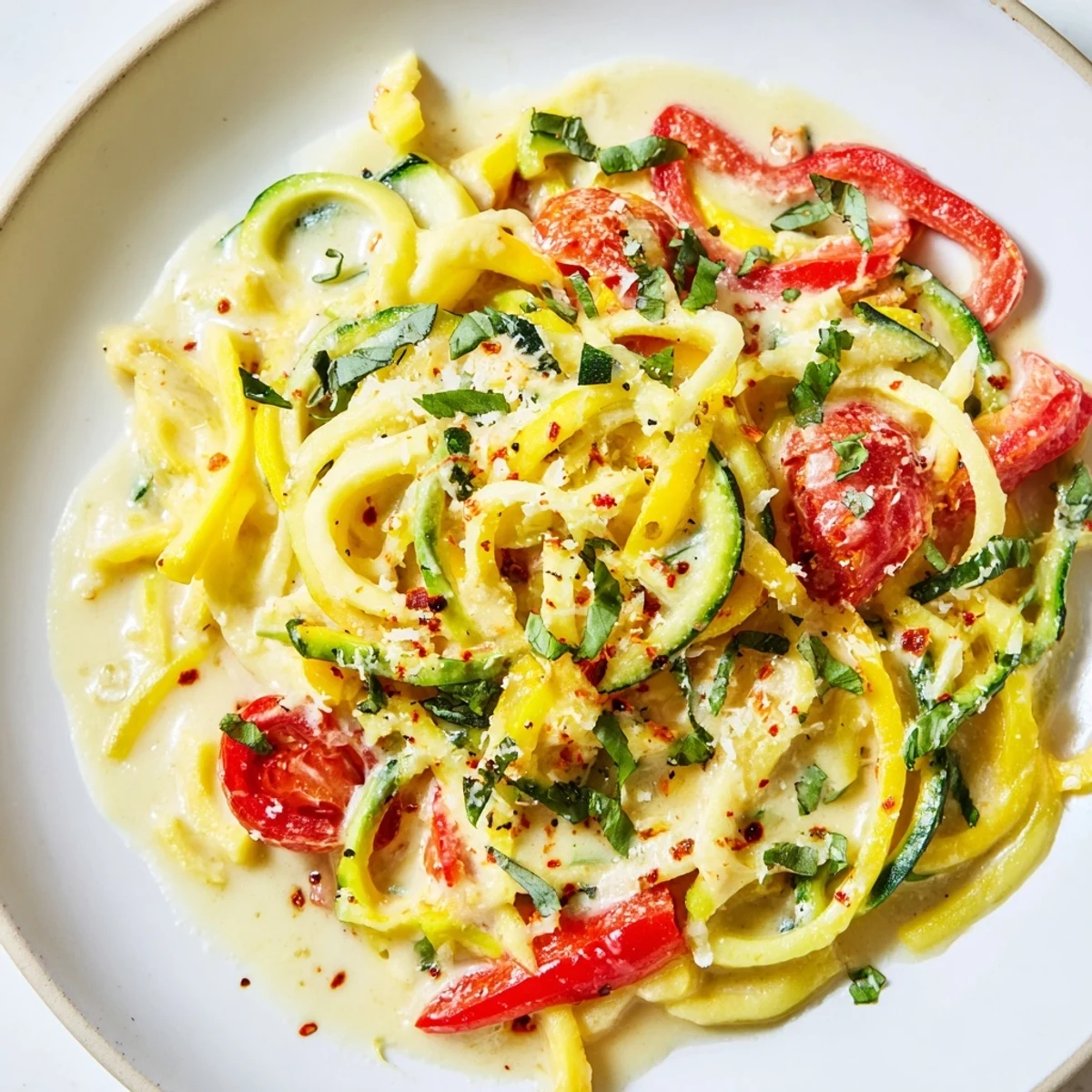 Plated Solstice Low Carb Pasta features golden zucchini and yellow squash noodles, vibrant red bell peppers, and a creamy sauce garnished with fresh basil.