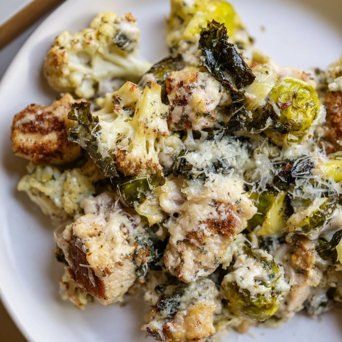 Golden, bubbly Gruyère and Parmesan top the Winter Garden Keto Casserole fresh from the oven.