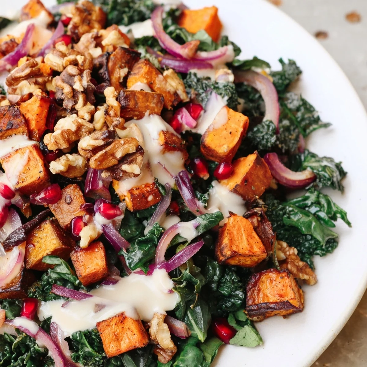 Close-up on the Snowy Day Vegan Salad, showcasing colorful roasted carrots, parsnips, and sweet potatoes, toasted walnuts, and a rich, creamy tahini dressing.