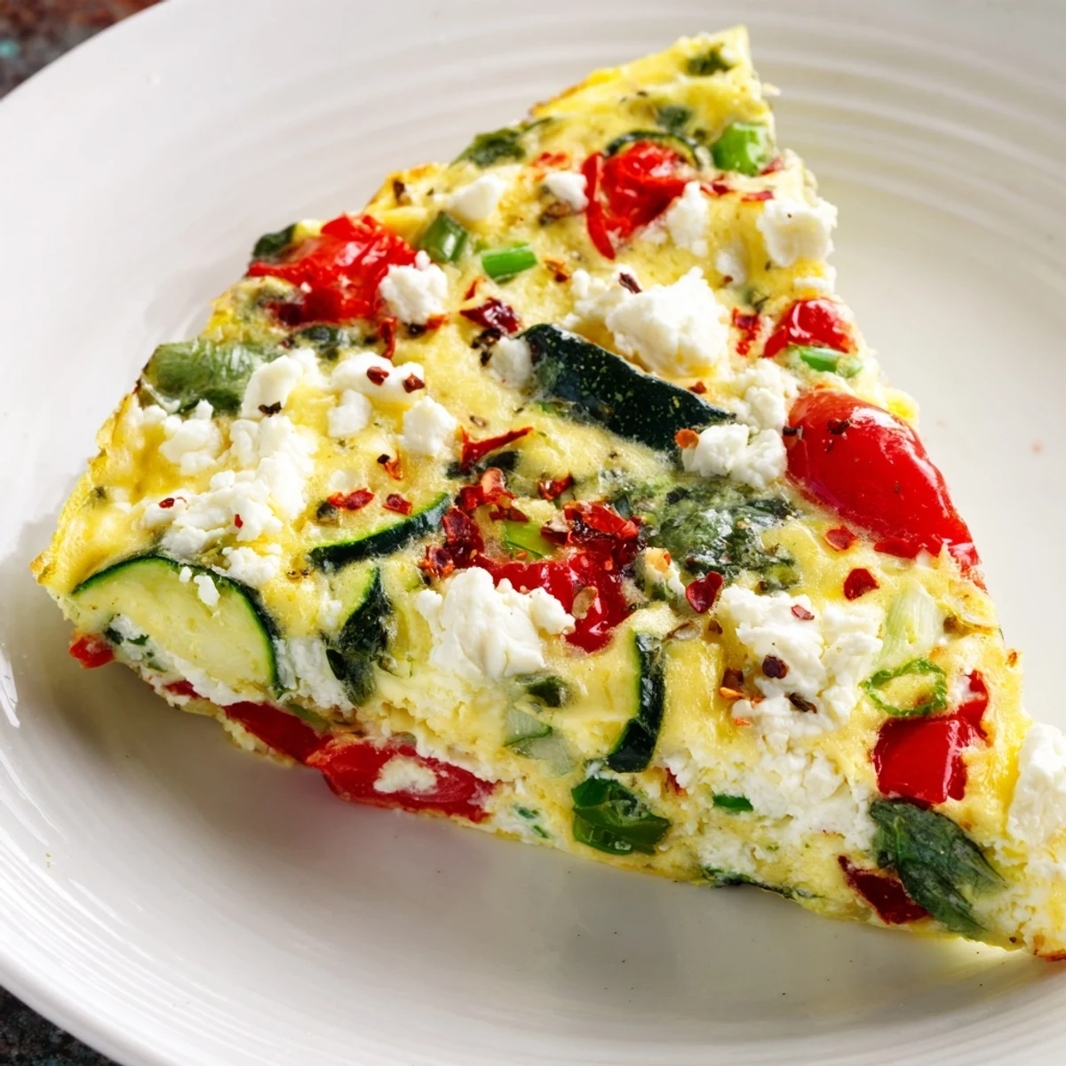 Golden sliced wedges of New Year Low Fat Frittata served on a white plate, showcasing fluffy eggs, cherry tomatoes, and green onions for a healthy breakfast.