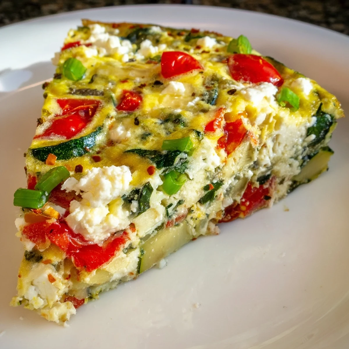 Freshly baked New Year Low Fat Frittata with vibrant red peppers, zucchini, and spinach in a skillet, topped with crumbled feta and herbs.