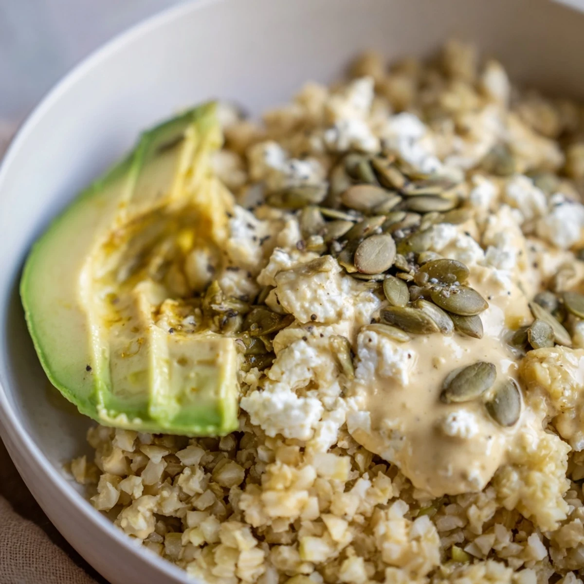 Freshly plated Seasonal Glow Low Carb Grain Bowl garnished with feta and microgreens, ready for a healthy lunch