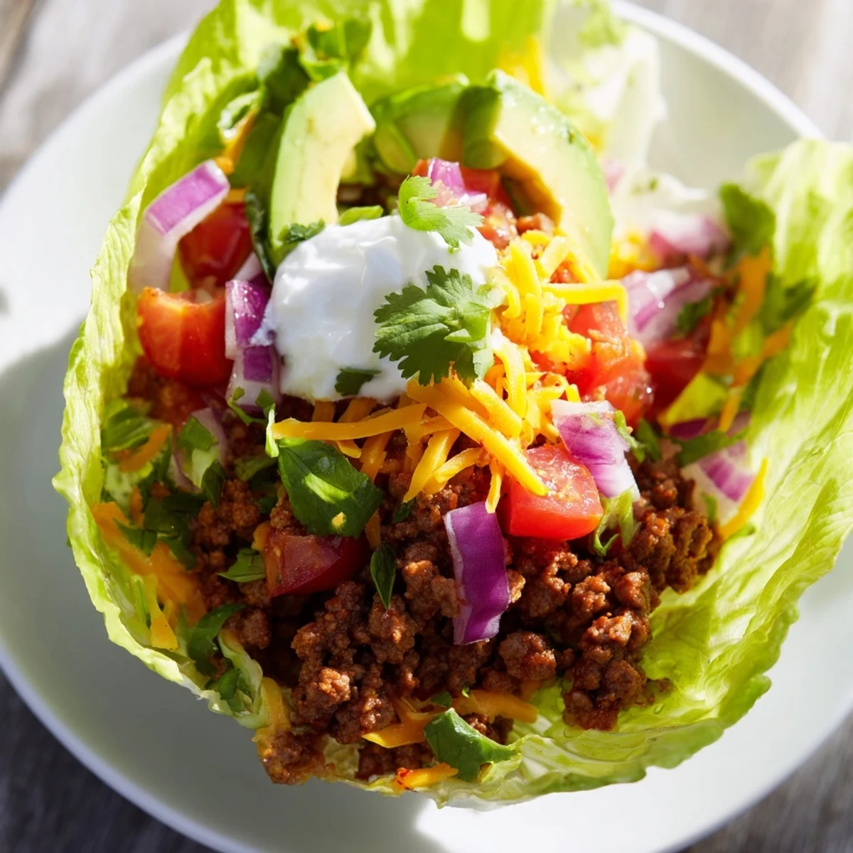A platter of Warm Hearth Keto Tacos with avocado and tomatoes, topped with sour cream and fresh cilantro, ready to serve.