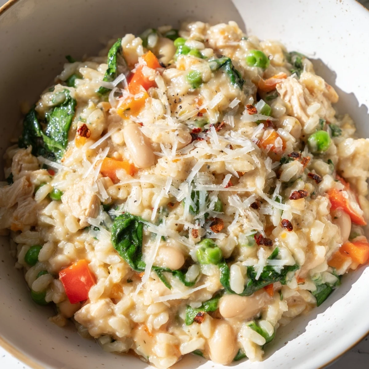 Cozy Holiday Market High Protein Risotto topped with wilted spinach and Parmesan, ready for a nourishing weeknight dinner.