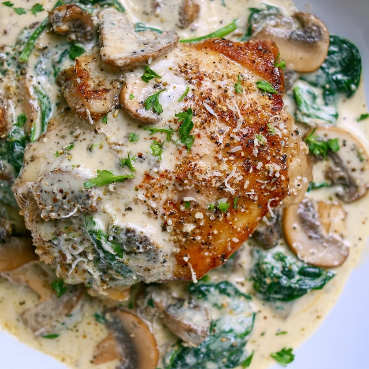 Cozy Evening Keto Chicken Skillet with golden seared thighs in creamy garlic sauce, sautéed mushrooms, and wilted spinach.