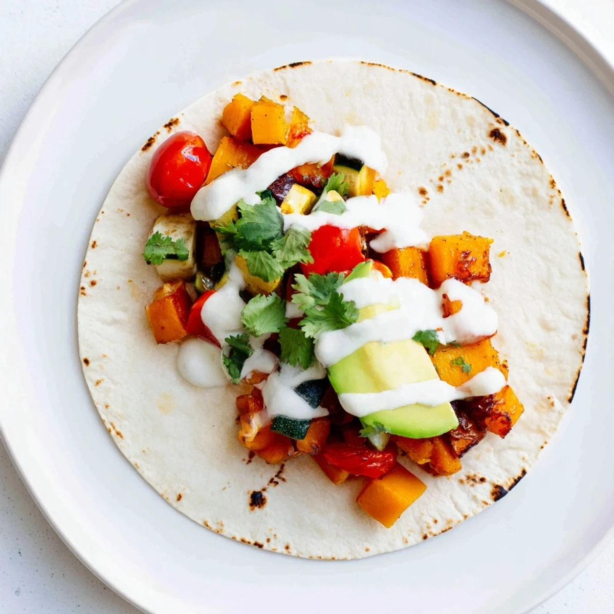 Freshly charred corn tortillas hold warm roasted vegetables and crunchy red cabbage, drizzled with creamy vegan lime crema.