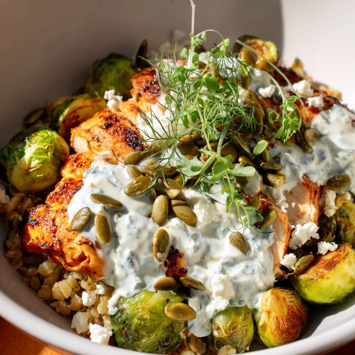 Overhead view of a Winter Garden Low Carb Bowl with colorful roasted vegetables, feta crumbles, and a generous drizzle of herb sauce.