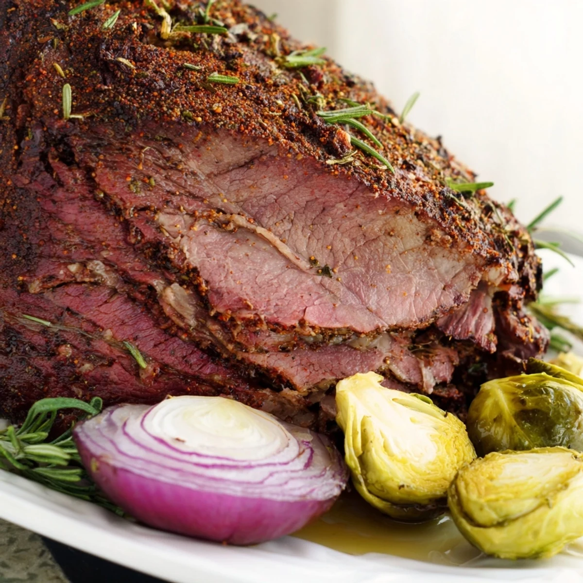 Steam rises from the golden Winter Garden Paleo Roast surrounded by caramelized Brussels sprouts and parsnips.