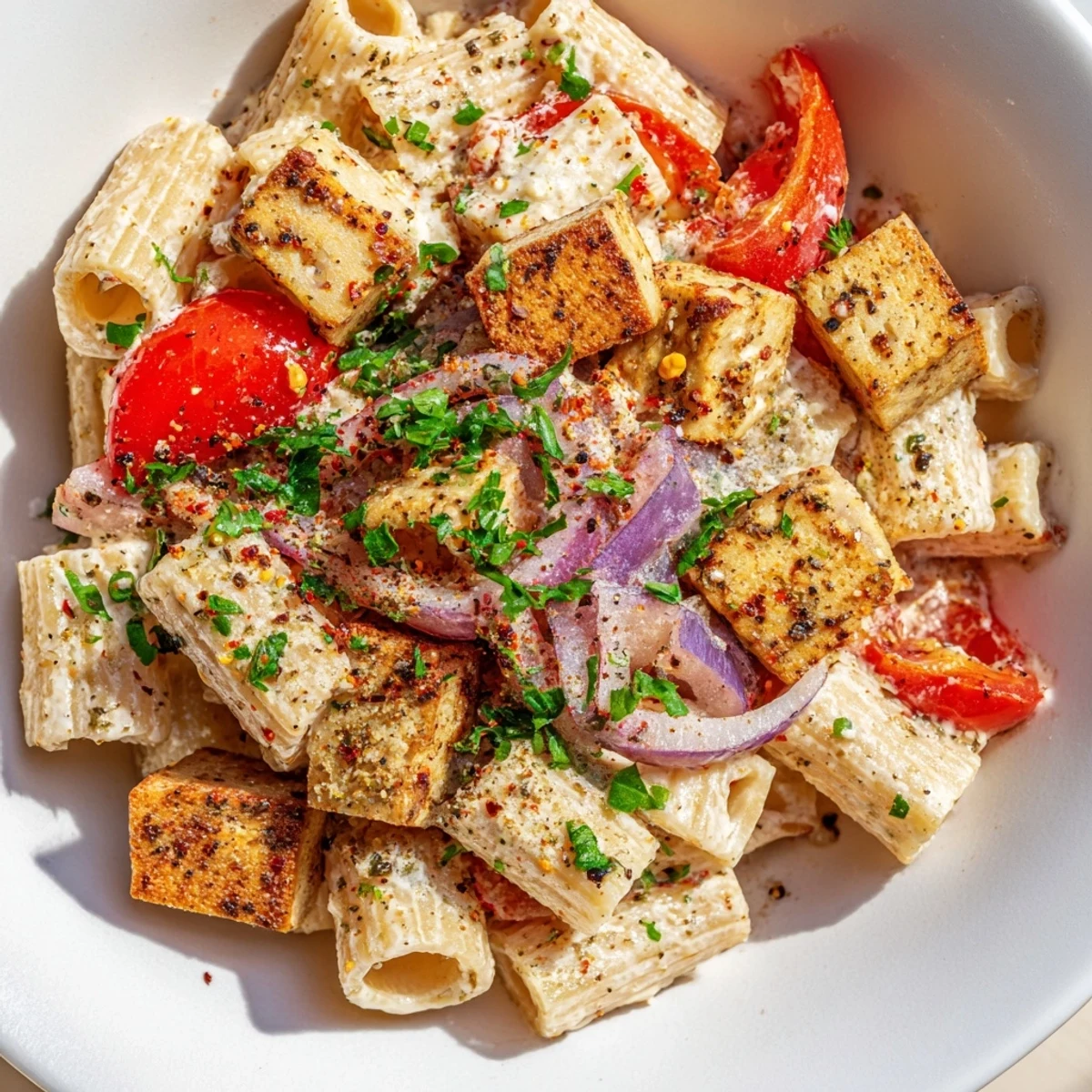 Frosty Morning High Protein Pasta in a cozy bowl, topped with fresh parsley and melted Parmesan, steaming on a rustic table.