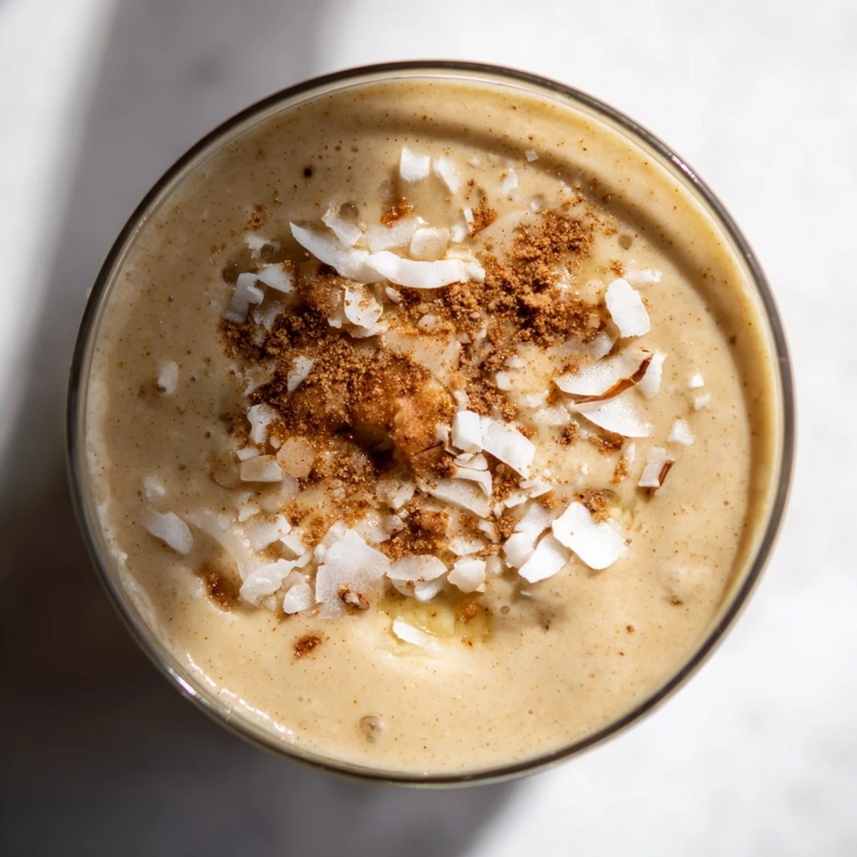 A glass of Fireside Paleo Smoothie topped with toasted coconut flakes, a dusting of cinnamon, and a striped paper straw.