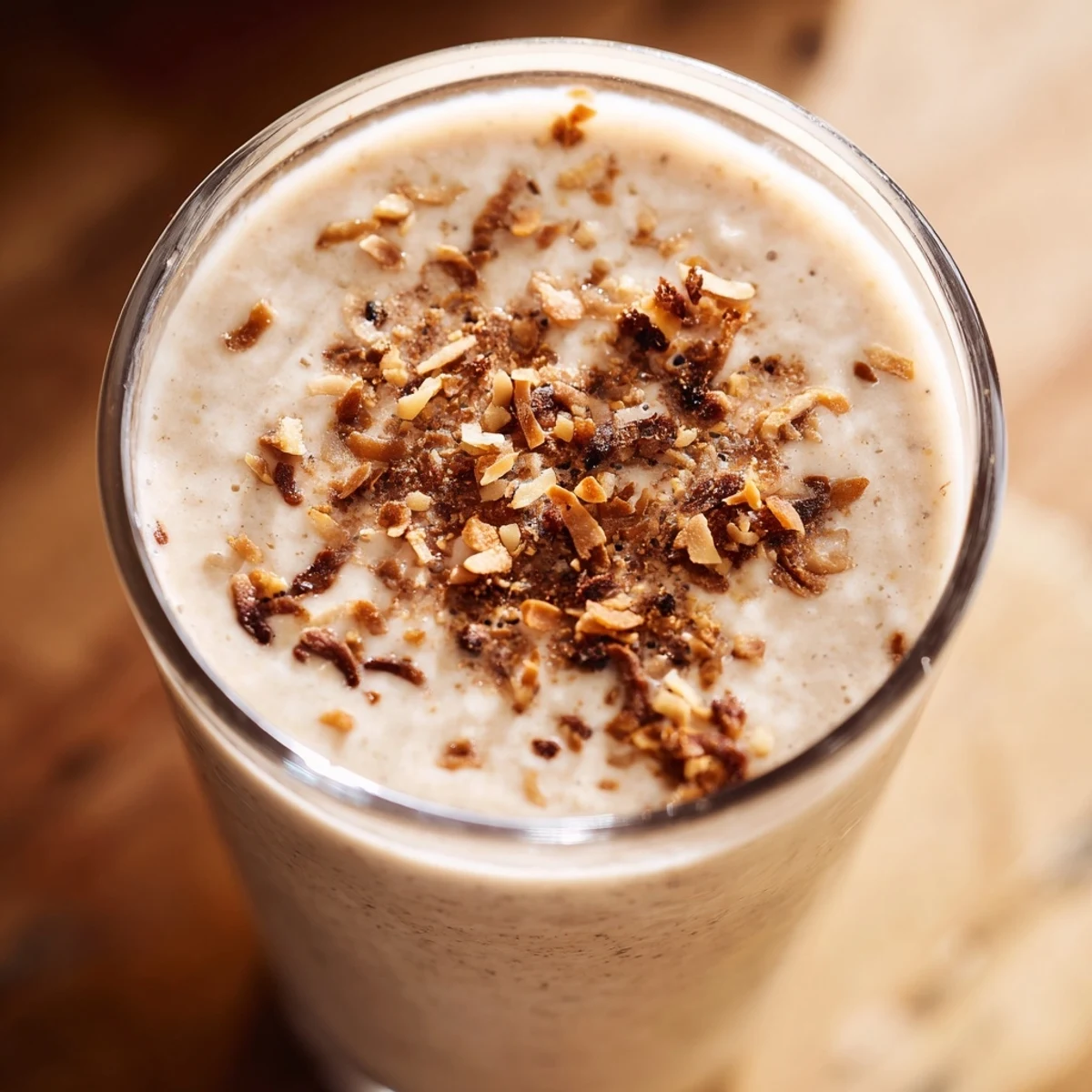 Frosted glass of Fireside Paleo Smoothie, garnished with a cinnamon stick and coconut flakes, set on a rustic wooden table.