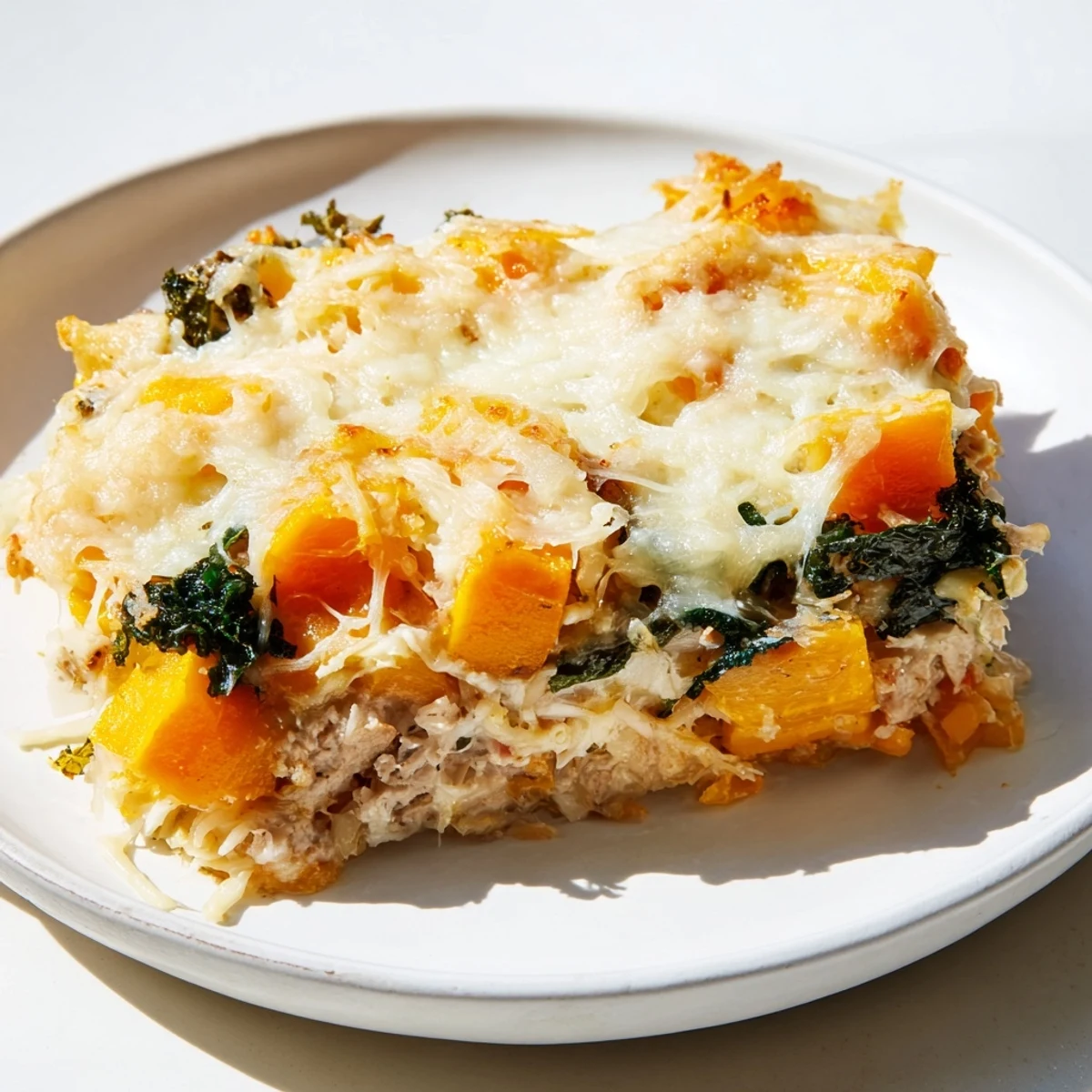 Spoonful of Winter Harvest Low Carb Casserole reveals tender kale and butternut squash baked in a rich, creamy, cheesy sauce.