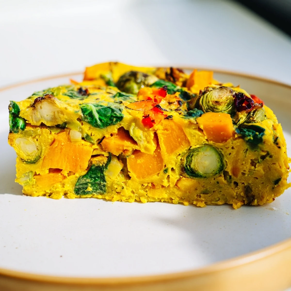 Golden-brown Winter Garden Vegan Frittata with roasted Brussels sprouts and squash, sliced and ready to serve.
