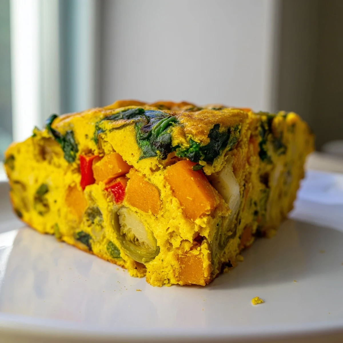 Hearty slices of Winter Garden Vegan Frittata paired with a crisp green salad on a rustic table.