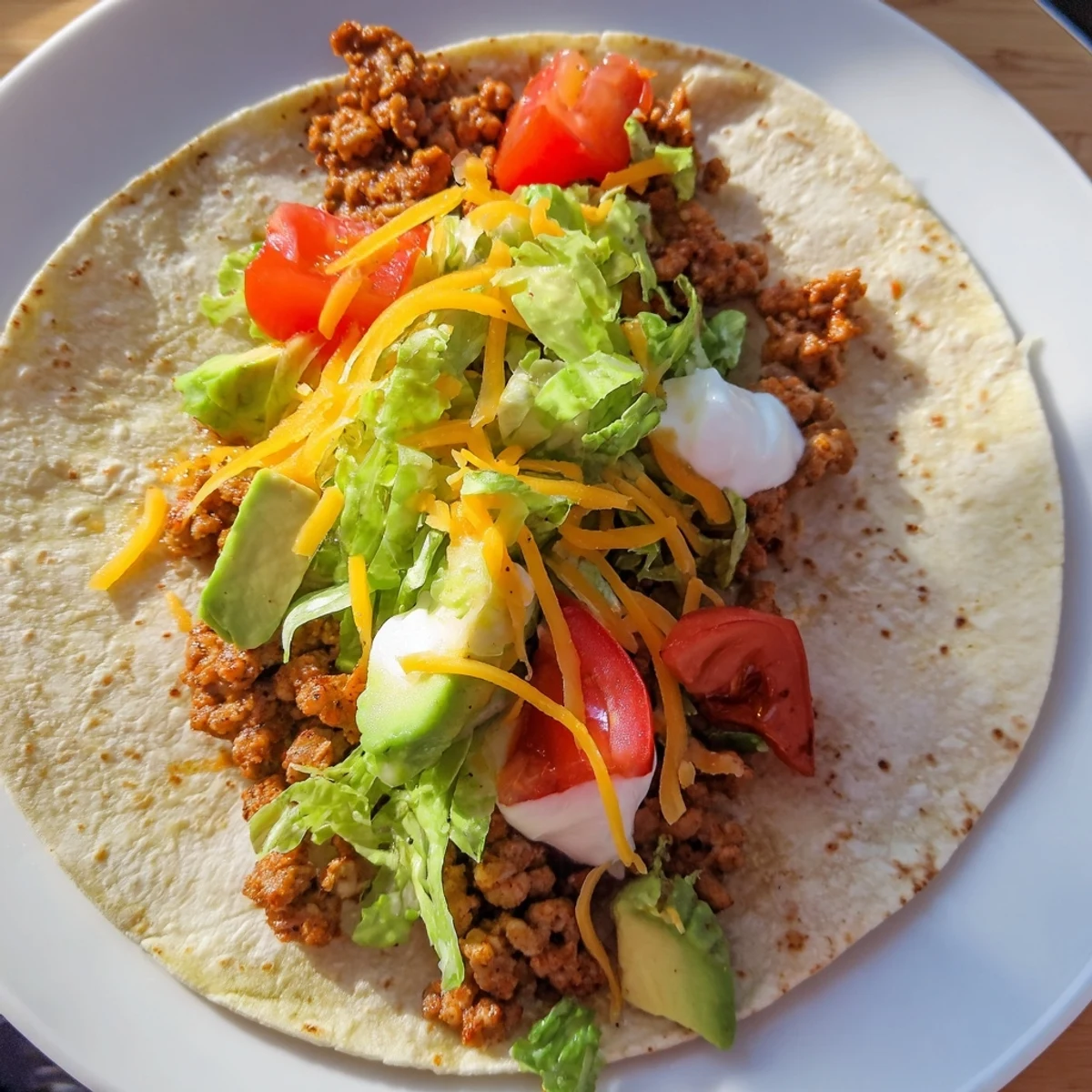 Golden crisp corn taco shells overflowing with seasoned ground turkey, fresh diced tomatoes, shredded lettuce, and creamy avocado slices.