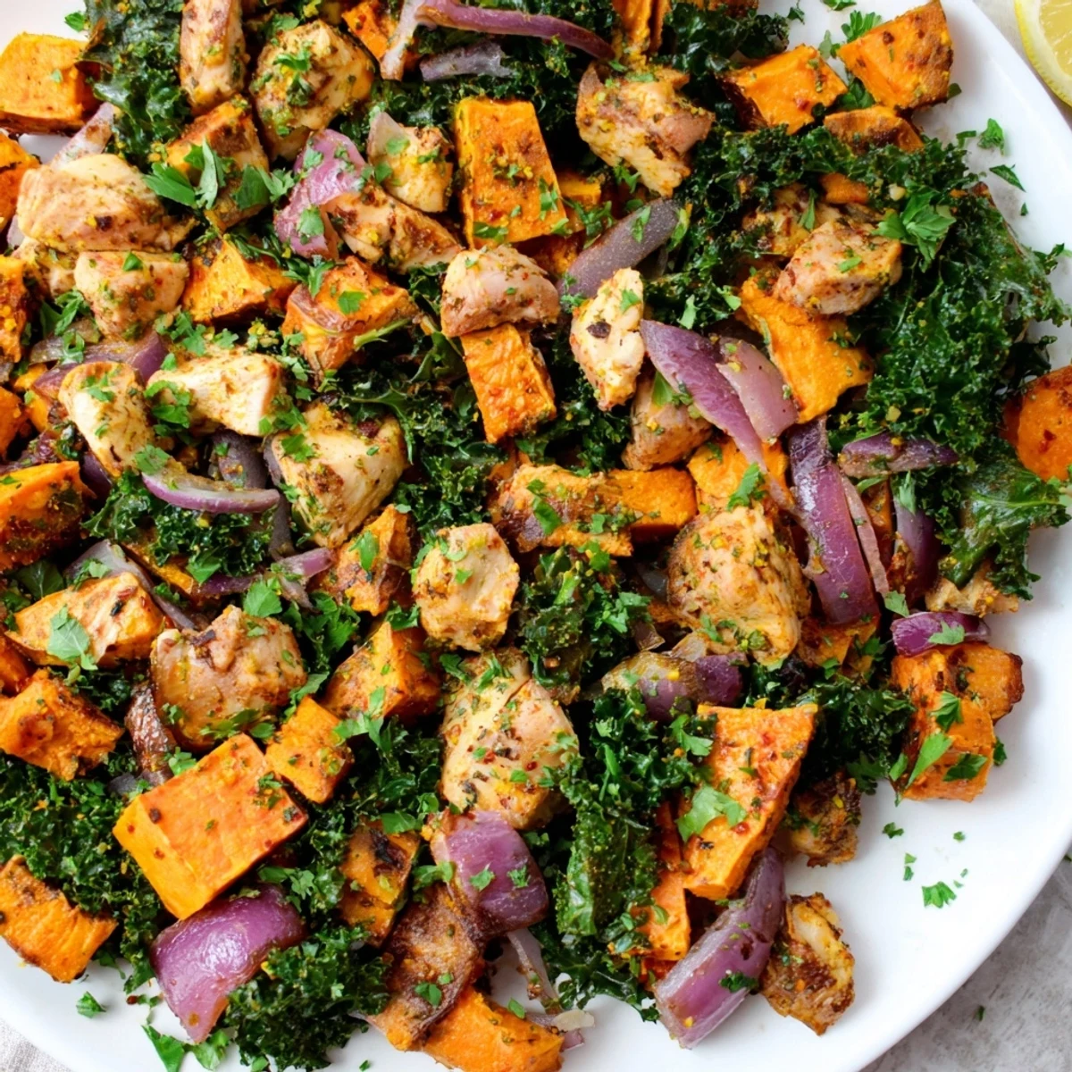 Golden-brown chicken and roasted root vegetables in a Winter Wellness Paleo Bake, fresh from the oven, garnished with parsley.