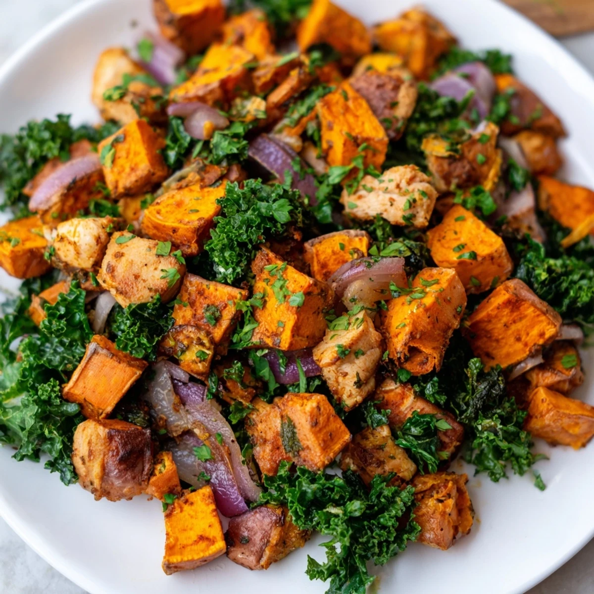 Close-up of a hearty Winter Wellness Paleo Bake serving with parsnips and carrots, drizzled with lemon juice.
