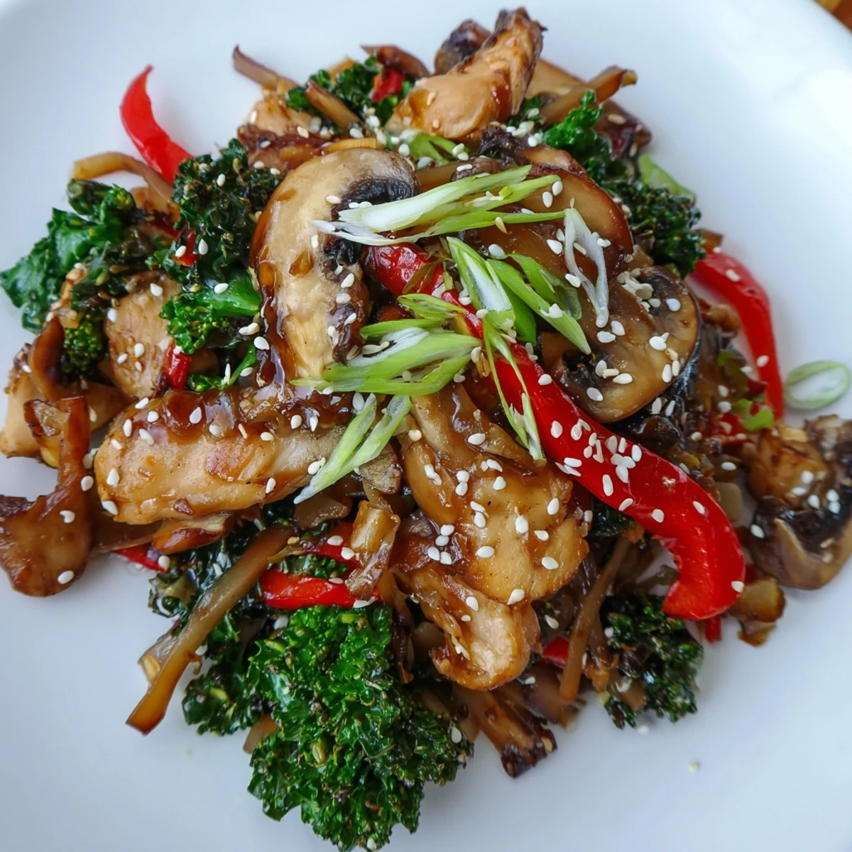 Freshly cooked Winter Harvest Keto Stir Fry with tender chicken, broccoli, and red bell peppers, garnished with sesame seeds and scallions.