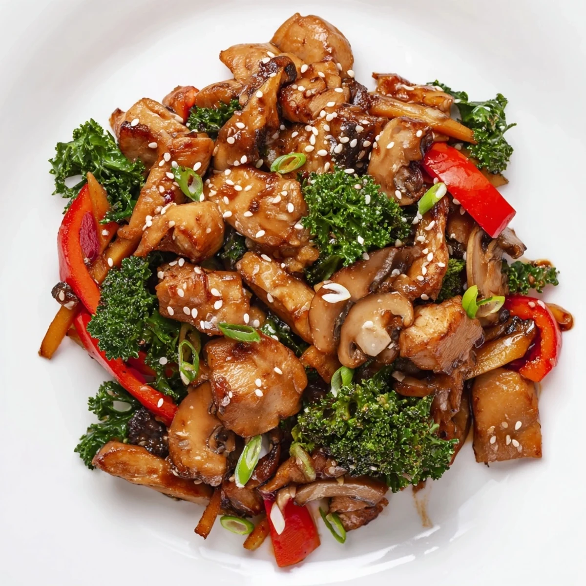 Sizzling Winter Harvest Keto Stir Fry in a skillet, featuring sautéed kale, mushrooms, and julienned rutabaga with a glossy sauce.