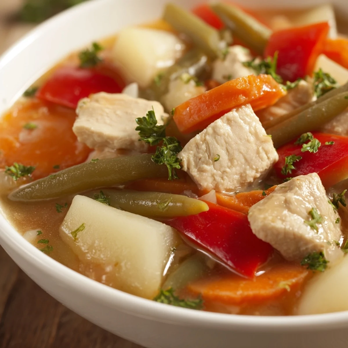 Healthy New Year Low Fat Stew ladled into a rustic bowl, garnished with fresh parsley and served alongside whole grain bread for dipping.