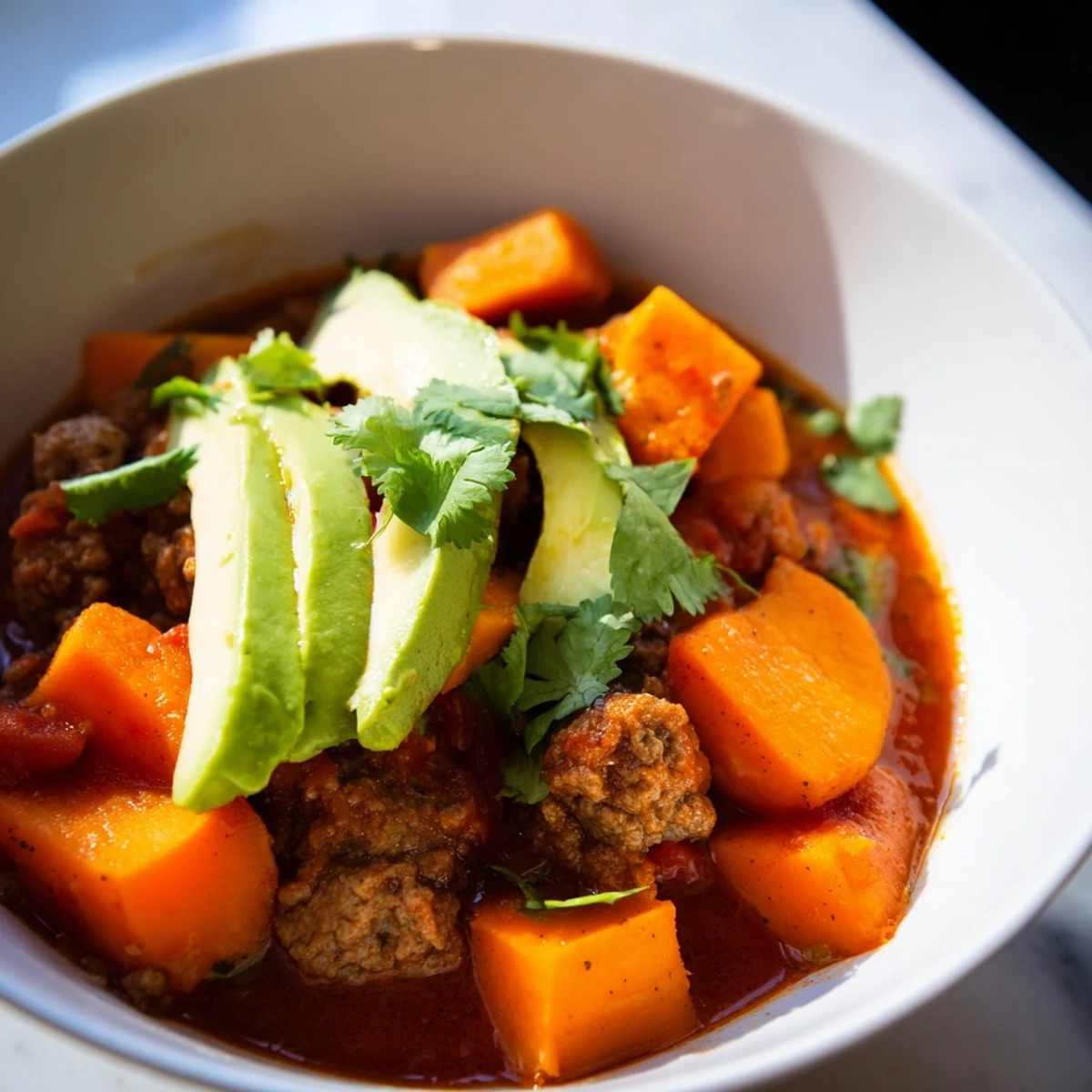 Holiday Market Paleo Chili is served in a rustic bowl, topped with fresh cilantro and avocado slices.