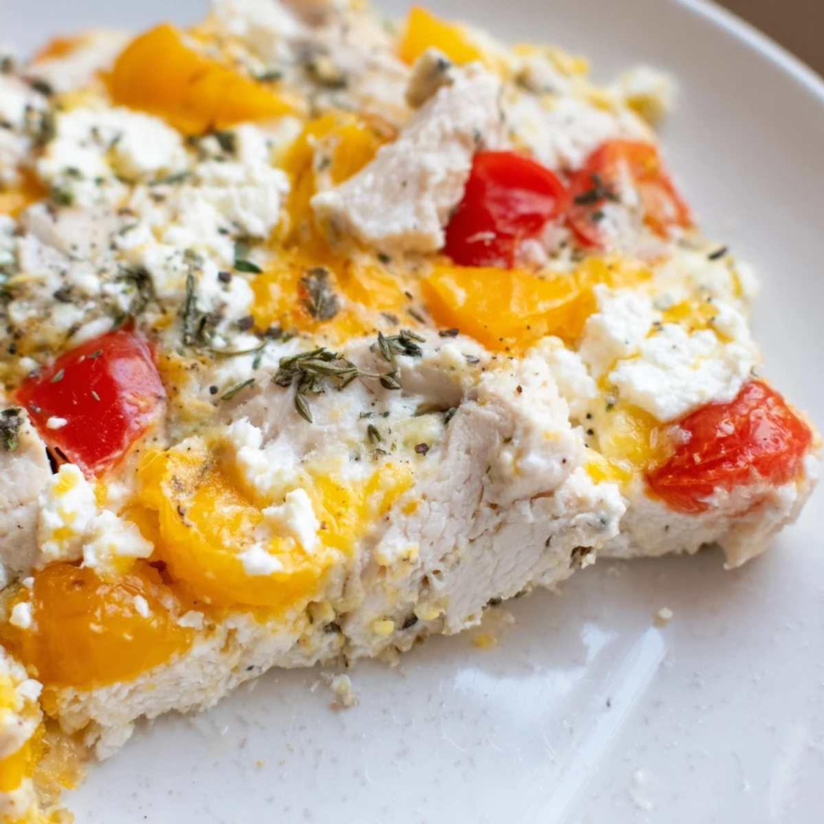 Sliced portion reveals tender chicken, broccoli, and creamy cottage cheese in a hearty family meal.