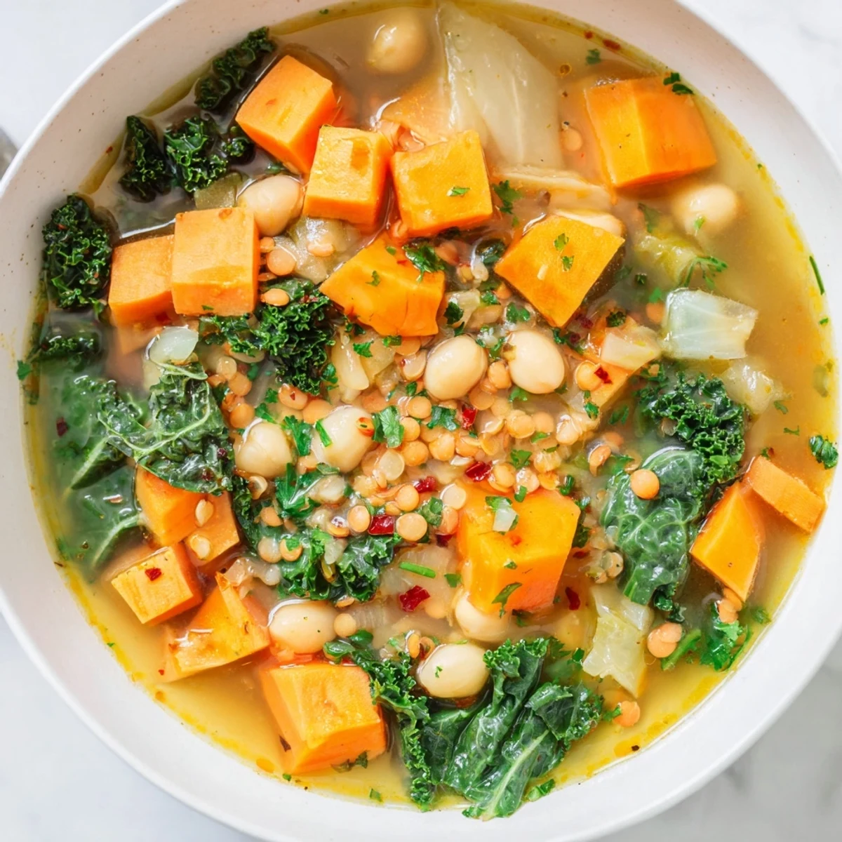 Steaming bowls of Winter Garden High Protein Soup feature kale, carrots, and creamy beans next to rustic gluten-free bread.