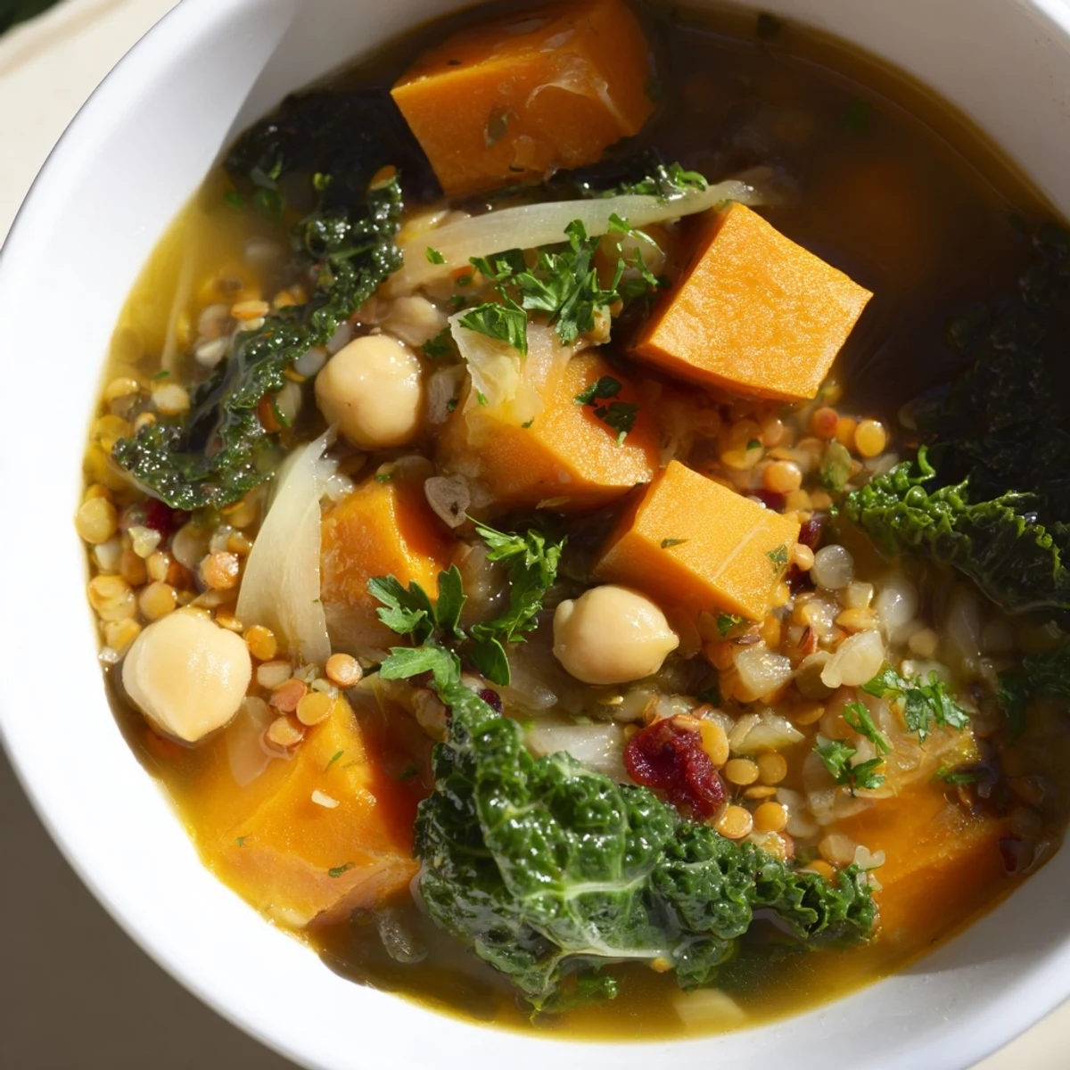 Ladled from a rustic pot, Winter Garden High Protein Soup showcases tender sweet potatoes and savory herbs.