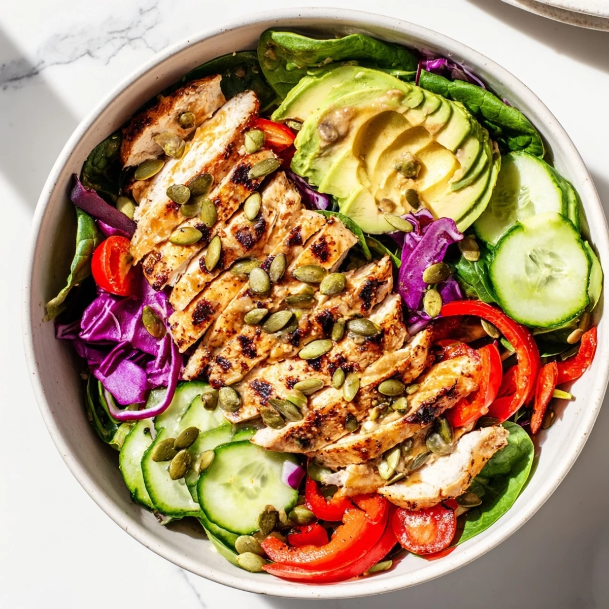 Fresh Crisp Air Keto Bowl featuring sliced avocado, crisp lettuce, cucumber, and tender grilled chicken.