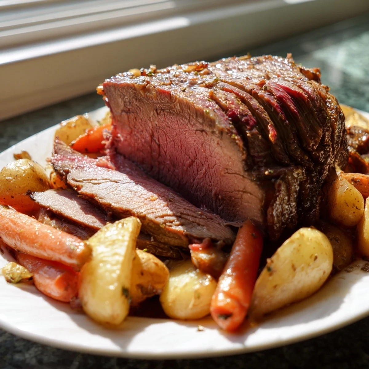 Fireside Low Fat Roast with tender beef and caramelized root vegetables resting in a savory pan jus.