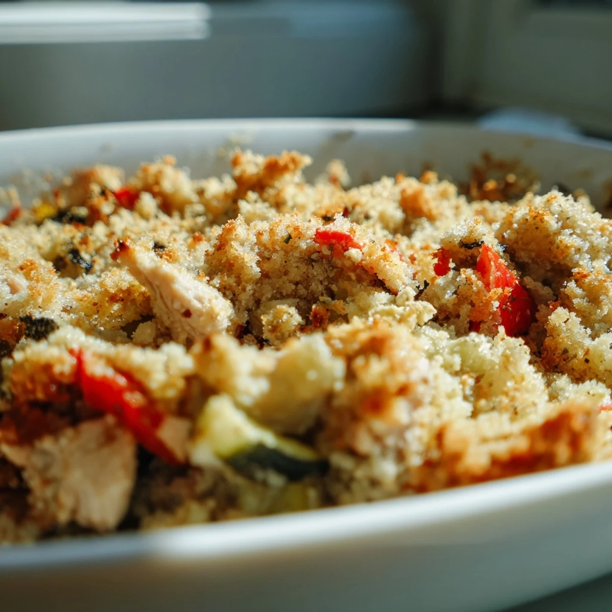 Hearty Crisp Air High Protein Casserole reveals roasted chicken, beans, and tender veggies in a steamy dish.