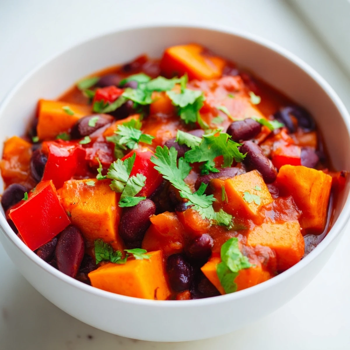 A close-up of Winter Harvest Vegan Chili in a rustic bowl, steam rising from the thick, chunky stew filled with black beans, sweet potato, and butternut squash.  
