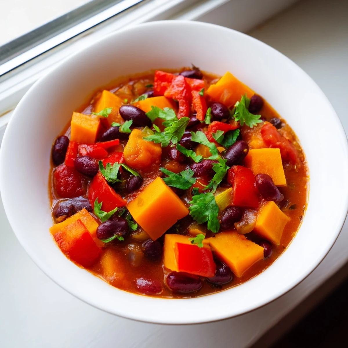Overhead view of Winter Harvest Vegan Chili simmering in a Dutch oven, showcasing vibrant red bell peppers, carrots, and celery in a rich, spiced tomato broth.  