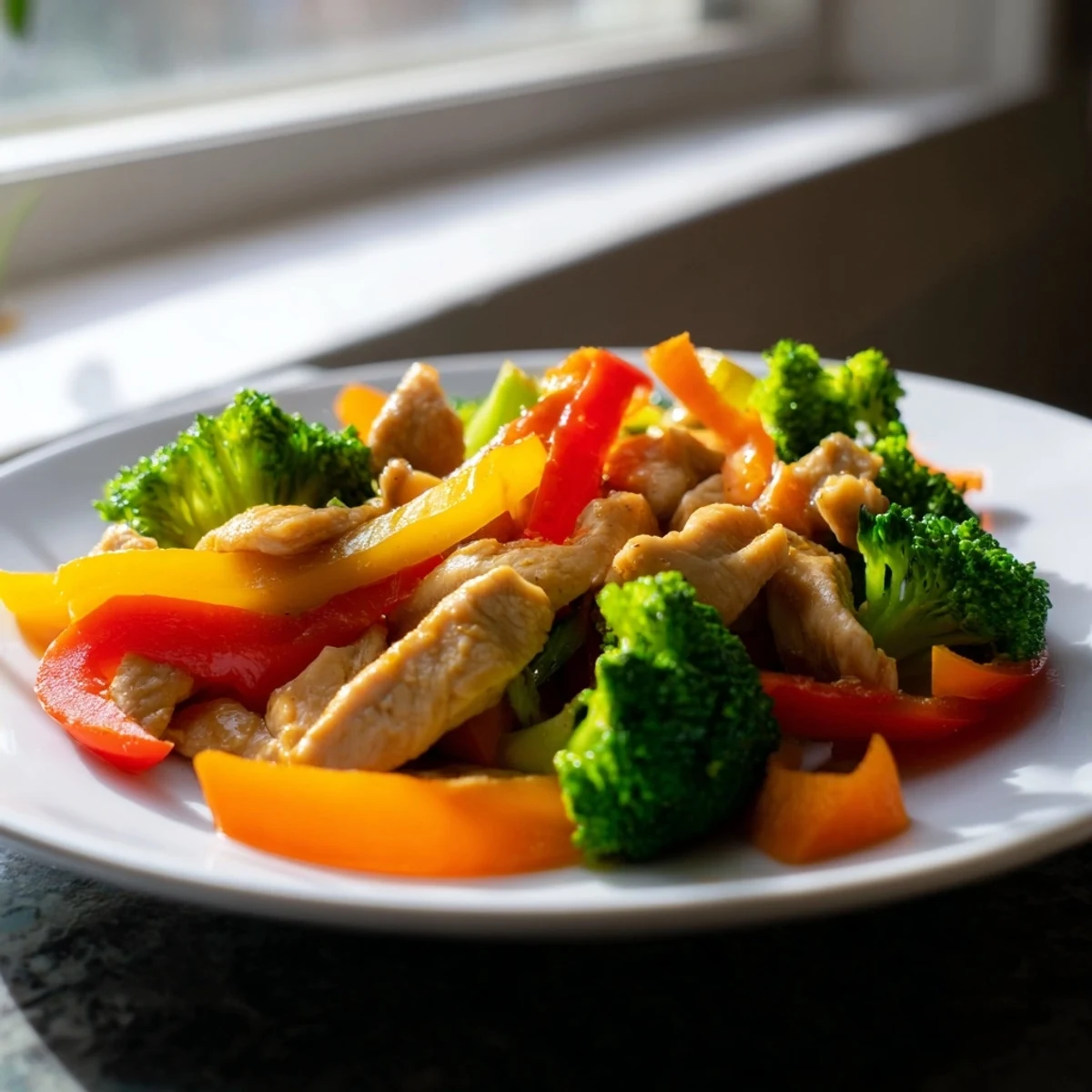 Colorful New Year Low Fat Stir Fry in a white bowl features crisp broccoli florets, bell peppers, snap peas, and tender chicken pieces glistening with savory sauce.