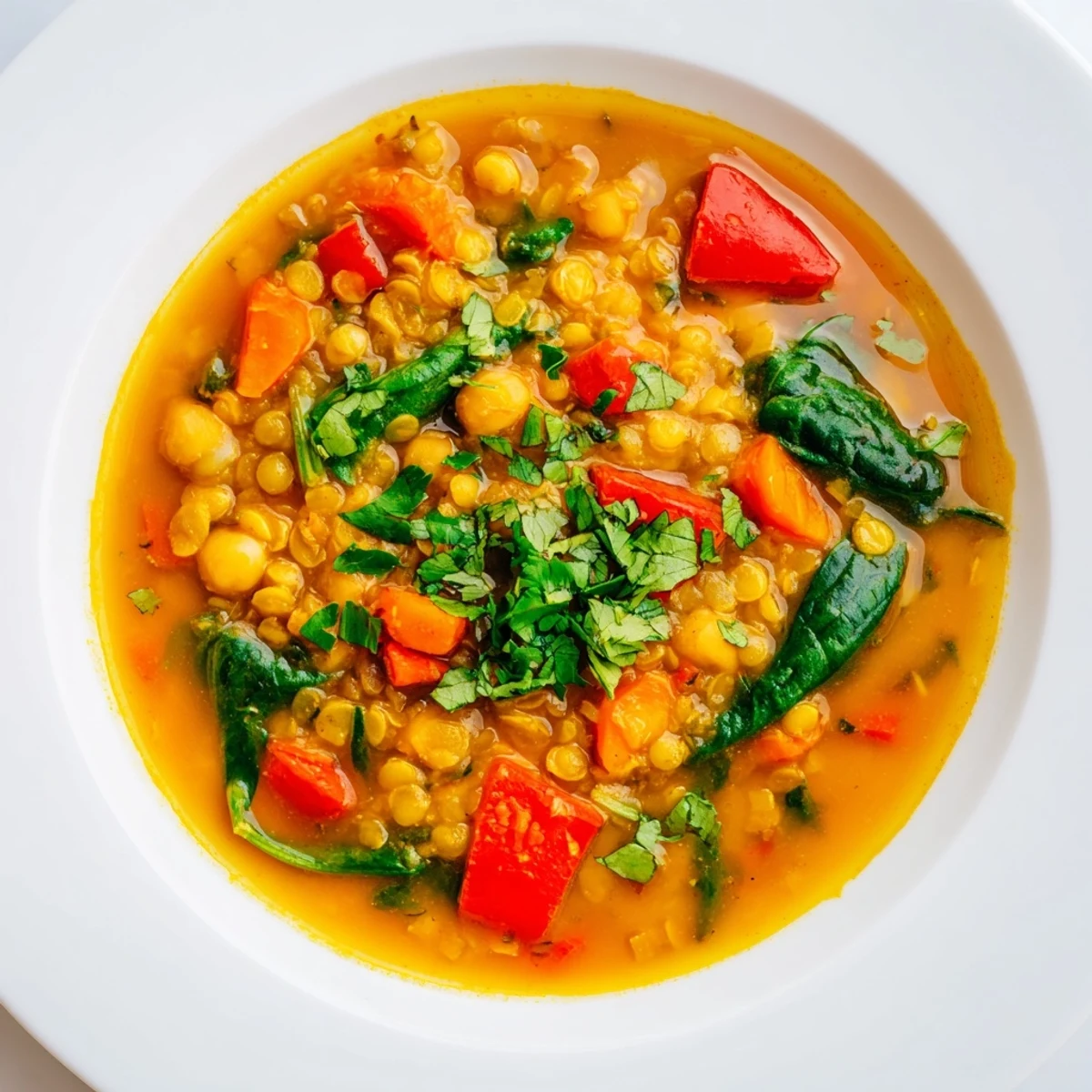 A steaming bowl of Solstice High Protein Curry, brimming with tender lentils, chickpeas, and colorful vegetables, garnished with fresh cilantro.