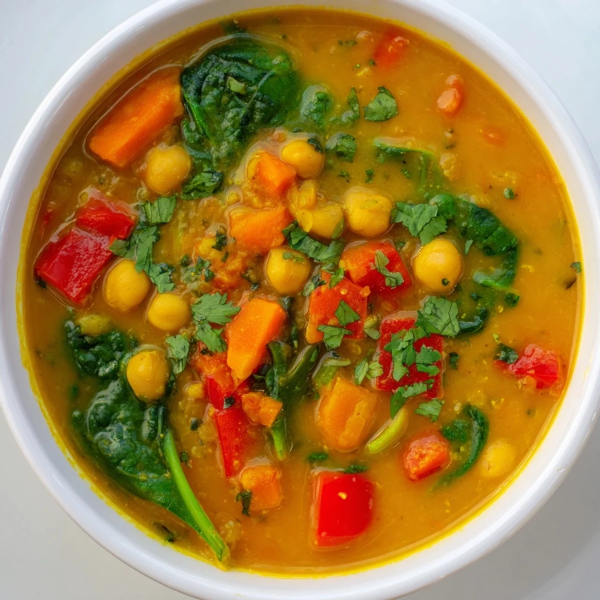 The vibrant Solstice High Protein Curry in a rustic ceramic bowl, featuring diced carrots, zucchini, and red bell pepper swimming in a creamy golden sauce.