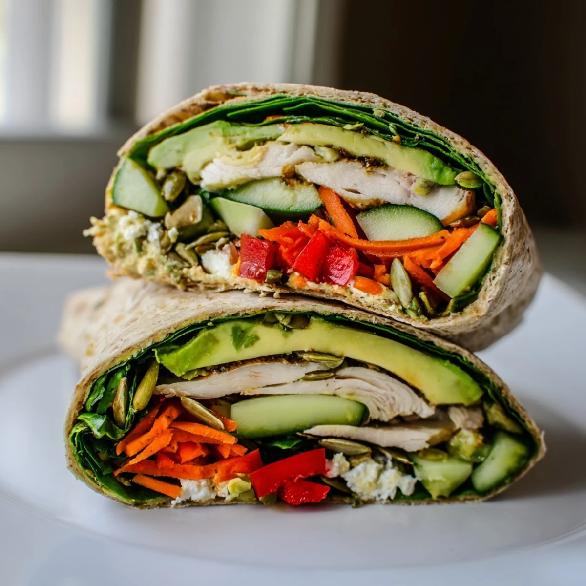 Brightly colored Solstice High Protein Wrap with grilled chicken, avocado, and fresh veggies, perfect for a healthy lunch.