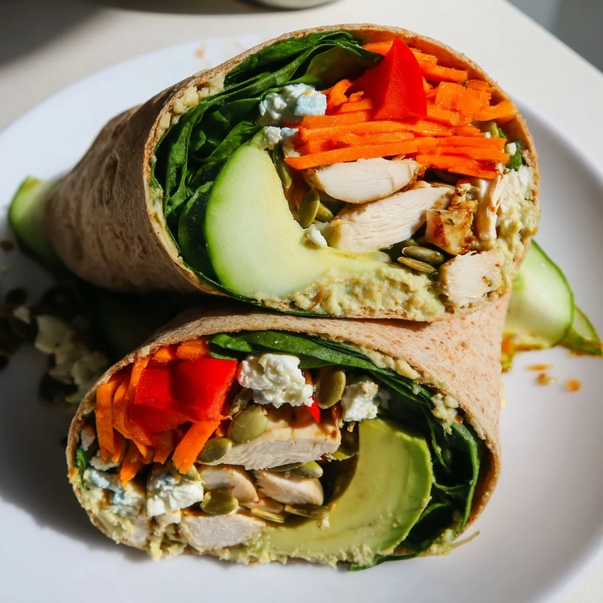 A neatly sliced Solstice High Protein Wrap filled with hummus, spinach, and crunchy vegetables, ready to enjoy.