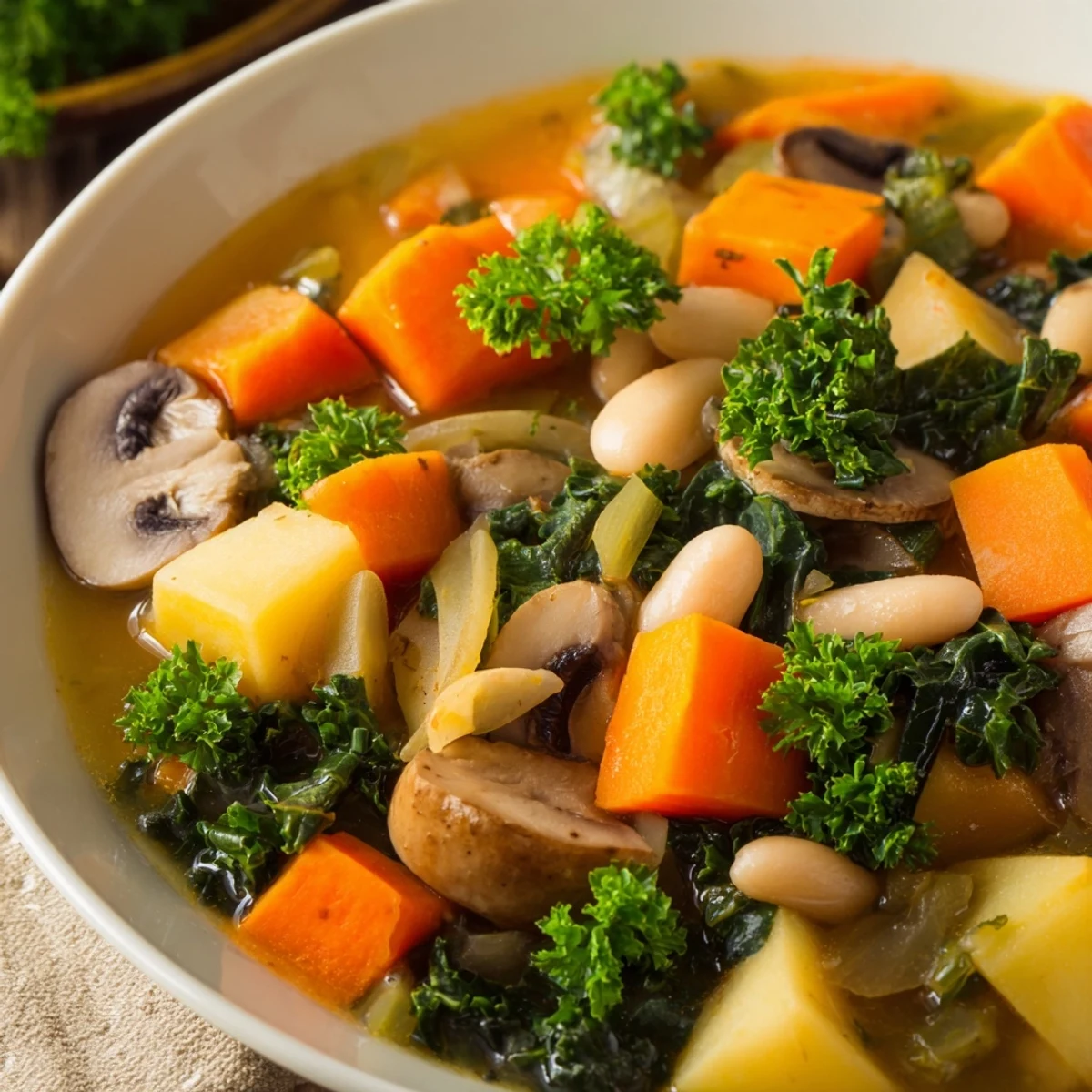 Close-up of Winter Wellness Low Fat Vegetable Stew showing tender vegetables, herbs, and broth, perfect for a healthy meal.