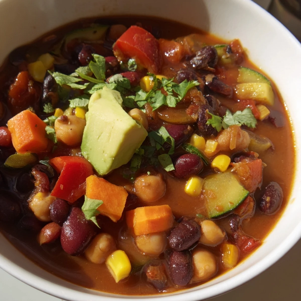 Colorful pot of Solstice Vegan Chili with kidney beans, chickpeas, and bell peppers next to crusty bread.