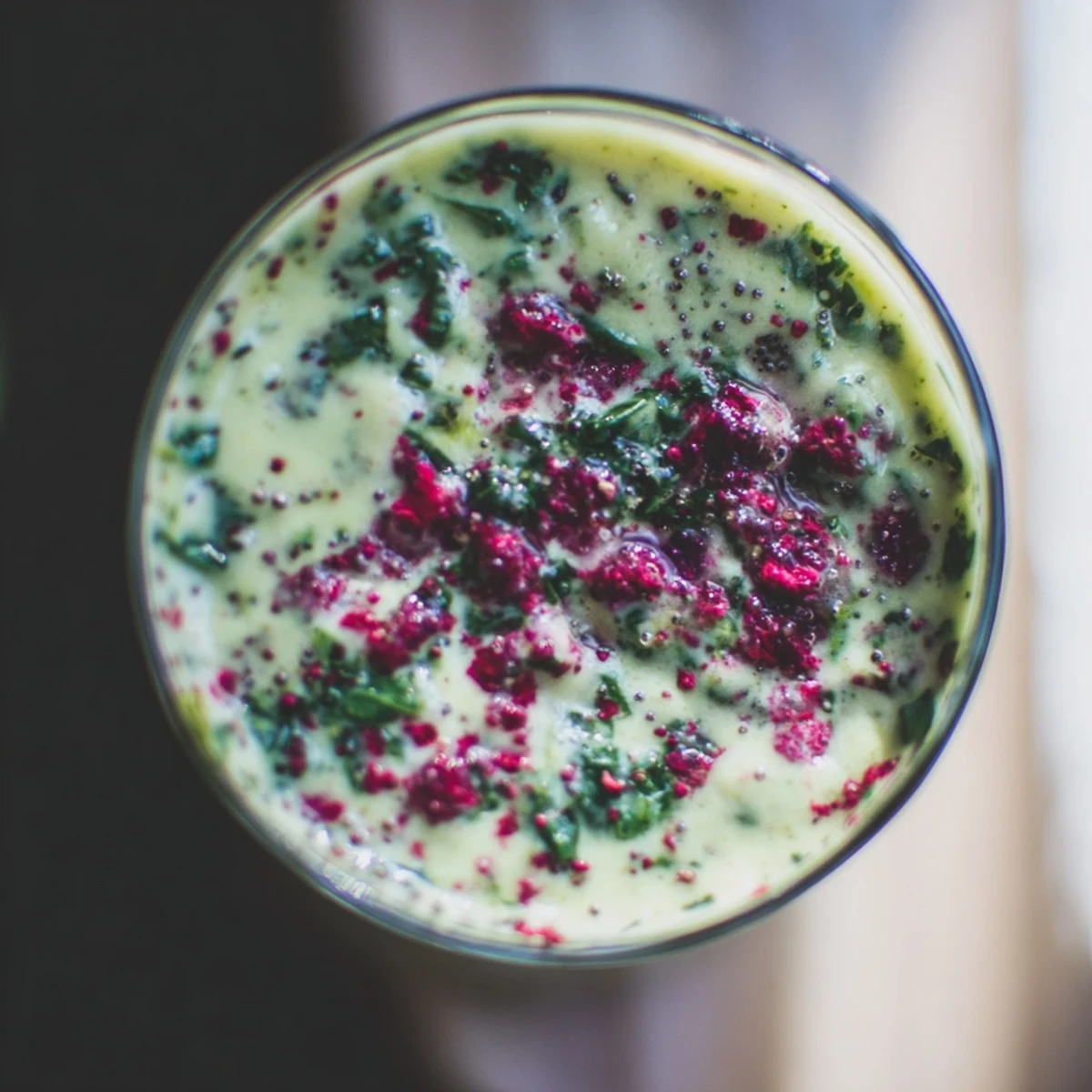 Glossy blender pitcher of Winter Garden Low Carb Smoothie, showcasing layered spinach and raspberry hues.