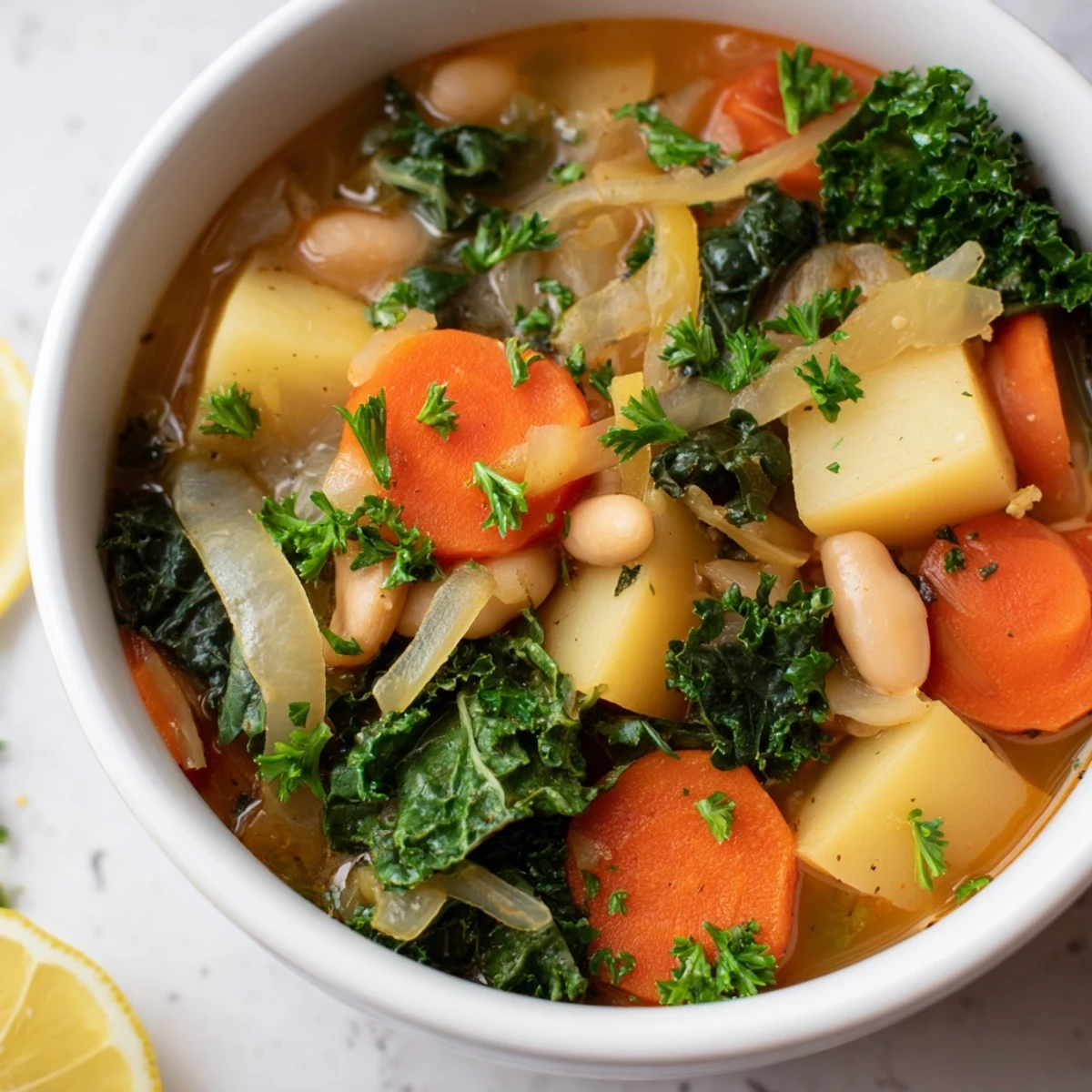 A steaming bowl of Frosty Morning Low Fat Stew with kale and beans, perfect for a cozy breakfast.