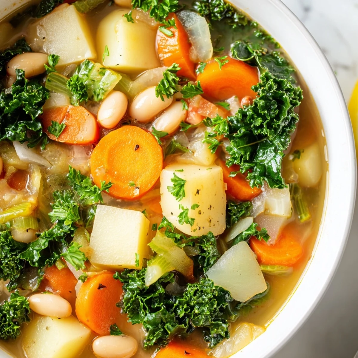 Frosty Morning Low Fat Stew ladled into a rustic bowl, garnished with fresh parsley and a lemon wedge.