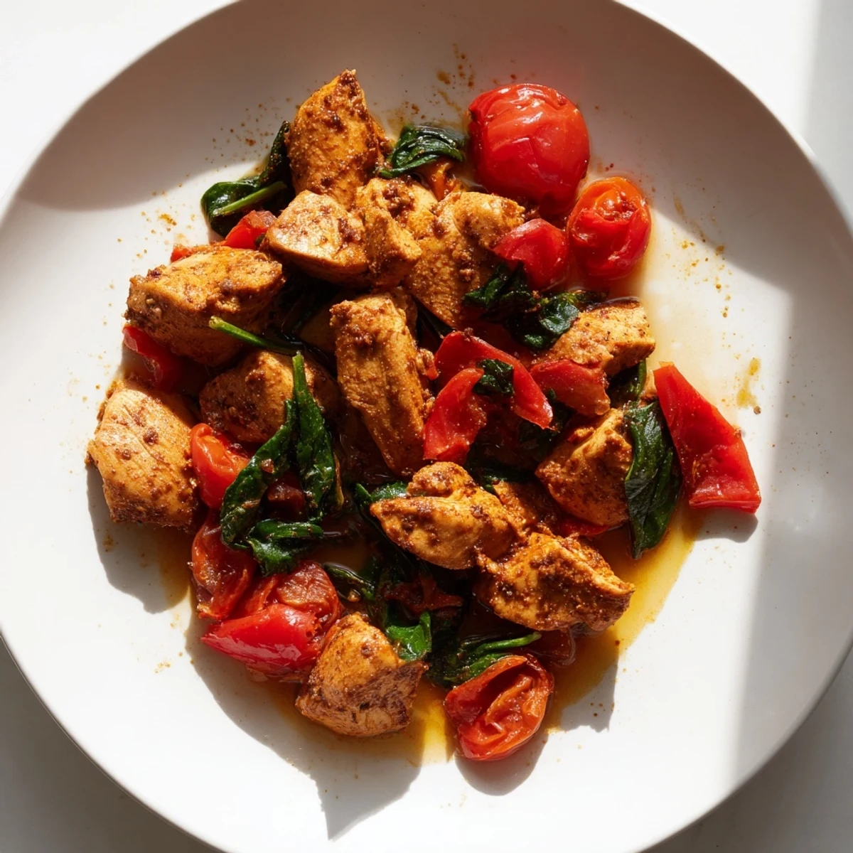 Vibrant Fireside Low Fat Skillet with juicy chicken, colorful peppers, and wilted spinach served hot.  