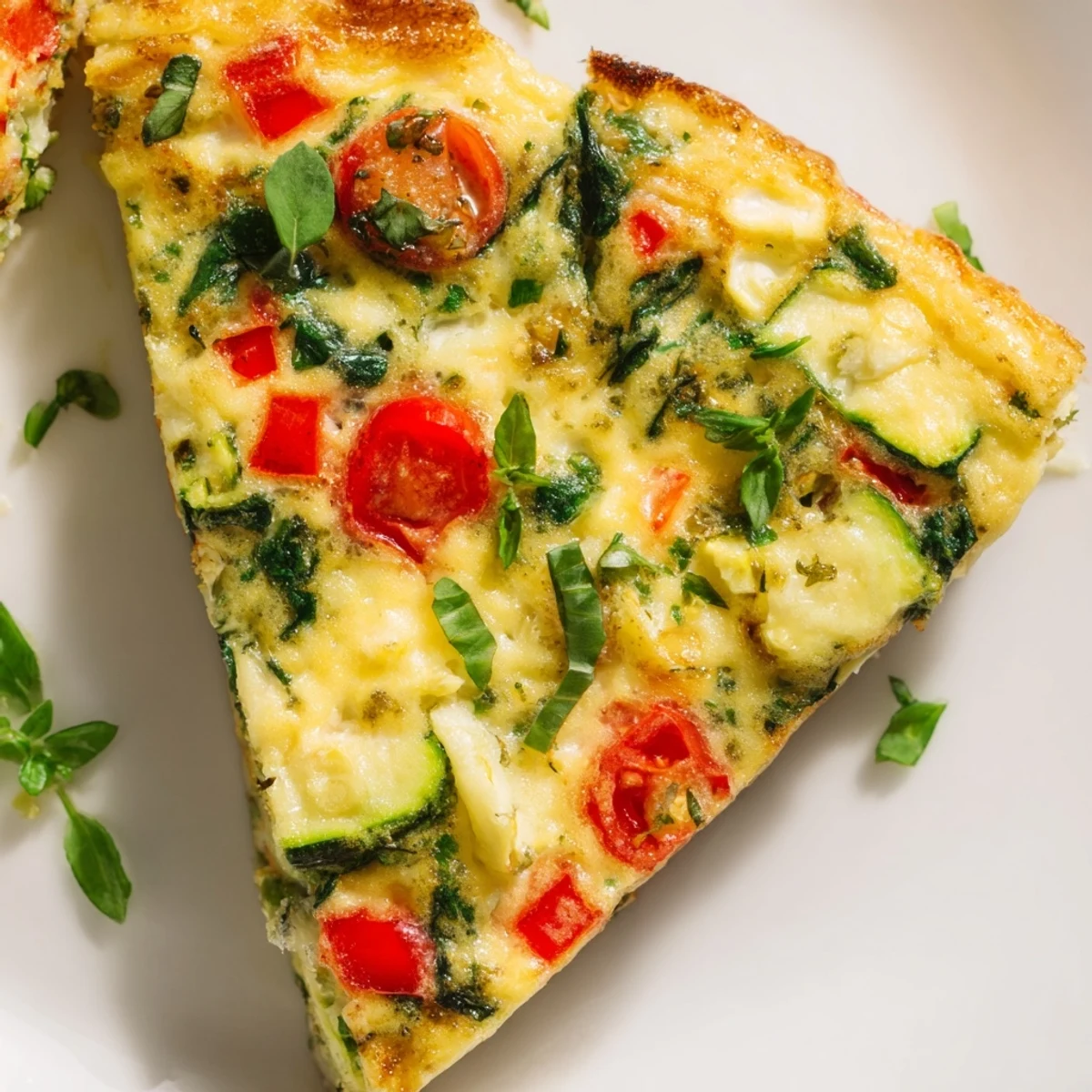 Freshly baked Chilly Breeze Paleo Frittata rests in a cast-iron skillet, showcasing fluffy eggs studded with spinach, red peppers, and zucchini, perfect for a healthy breakfast.