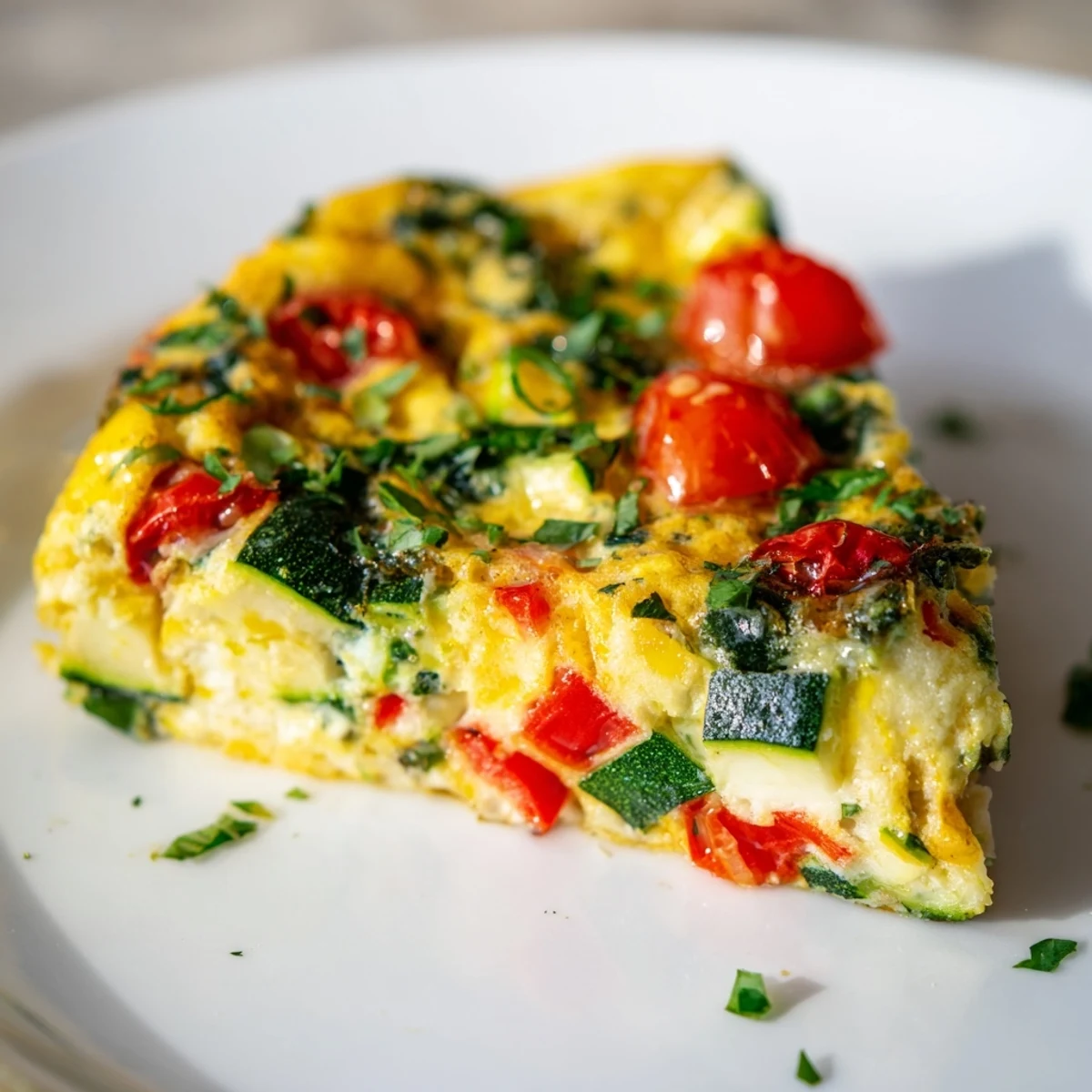 A close-up view of the vibrant Chilly Breeze Paleo Frittata, highlighting its golden-brown top and scattered fresh herbs, ideal for a dairy-free brunch.