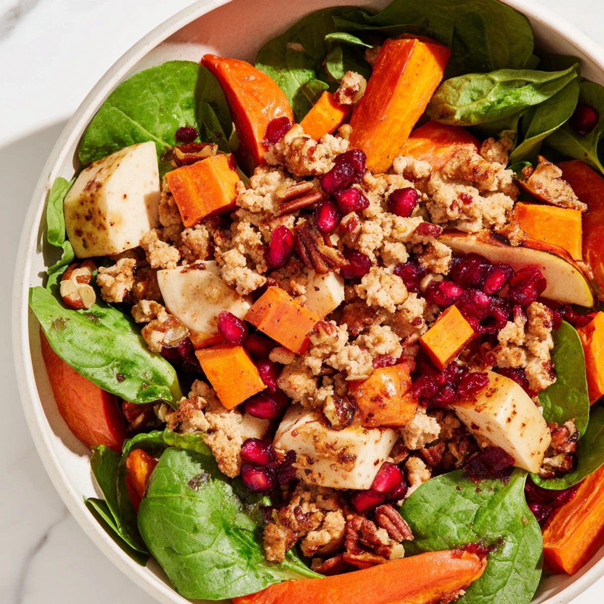 A vibrant Holiday Market Paleo Bowl with roasted root vegetables and spiced turkey, garnished with pomegranate seeds.