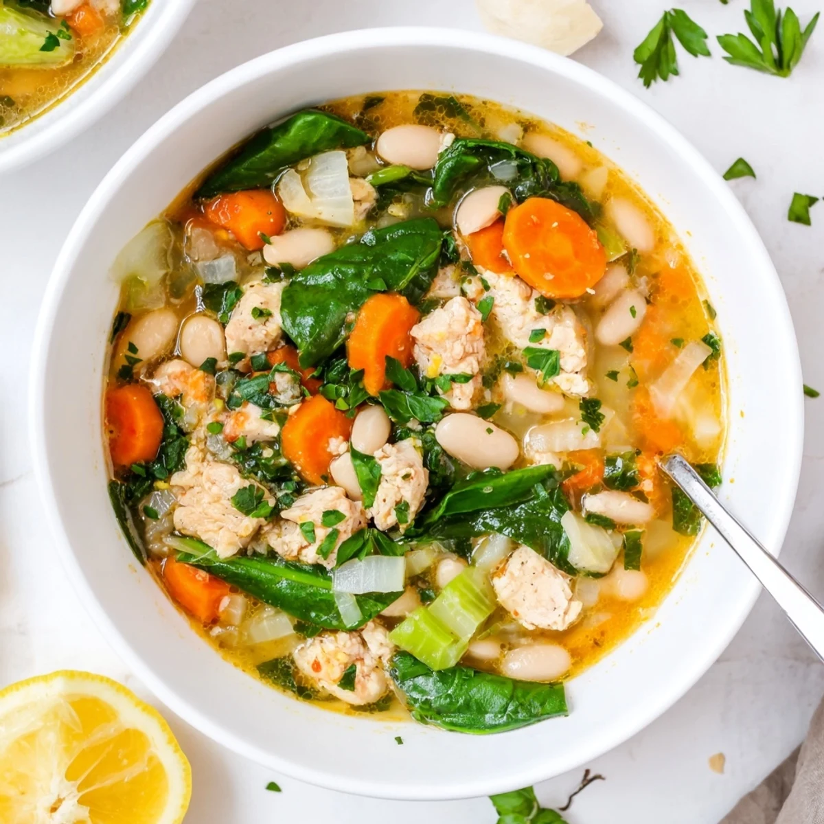 Comforting Warm Hearth High Protein Soup served in a ceramic bowl, garnished with fresh parsley and a lemon wedge.